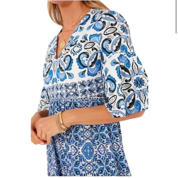 Tuckernuck Blue Majolica Tile Ginger Maxi Dress sz xL NWT Flutter Sleeves Tiered - Picture 2 of 4